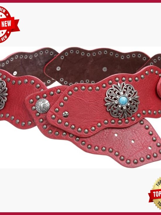 Accessories - 3" Wide Boho Link Leather Belt with Studs and Turquoise Conchos